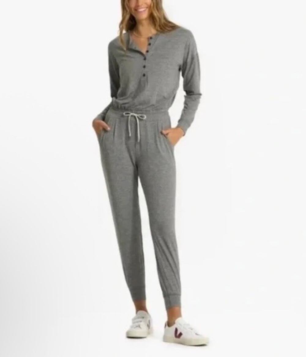 Vuori Jumpsuit Lux Henley Long Sleeve Romper Heather Gray Lounge Cozy Size Small